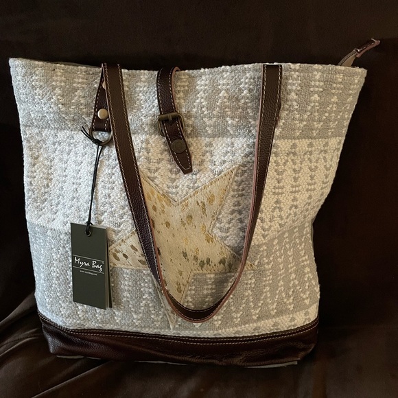 Myra Leather and Fabric Superstar Tote Bag NWT 16 X 16 - Picture 10 of 15